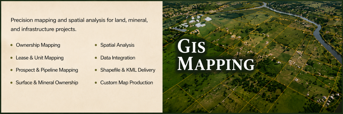 Custom GIS mapping, mineral ownership mapping, lease mapping, parcel analysis, and professional cartographic services.